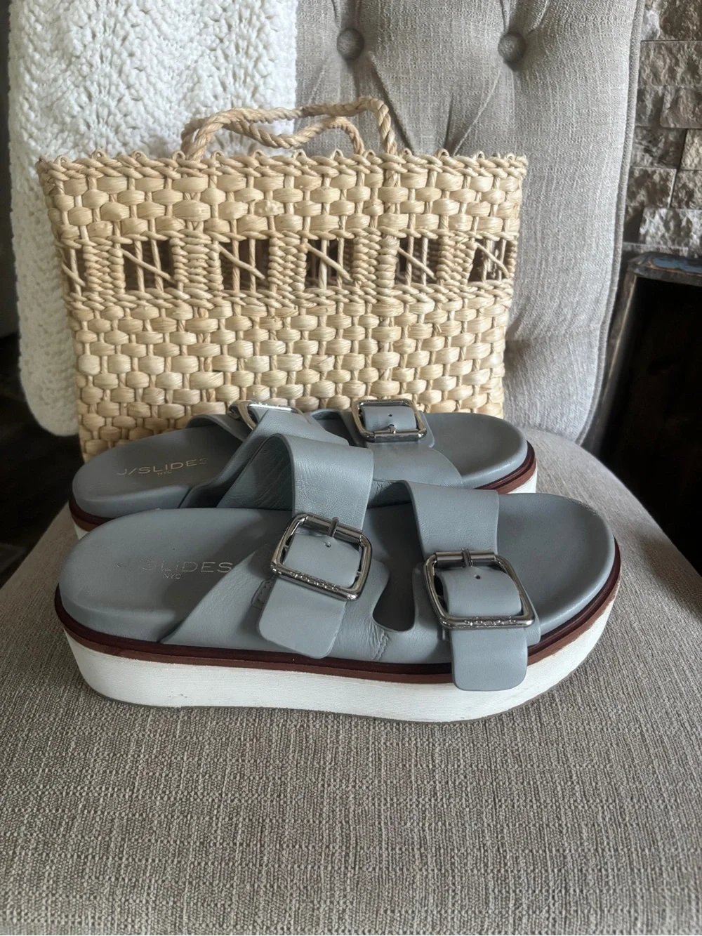 J Slides Light Gray Double-Buckle Platform Sandals with White Sole - Picture 4 of 8